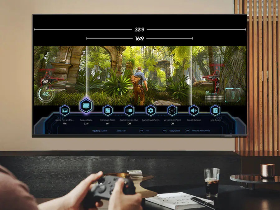 Ultraszeroki widok w grach i Tryb Gry w telewizorze Samsung OLED S90C 4K 2024
