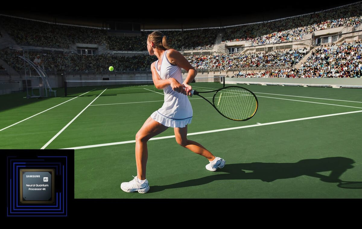 A woman is playing tennis in front of a large crowd. The Neural Quantum Processor 4K processes the many objects on display and enhances the entire scene. Neural Quantum Processor 4K is on display in the lower lefthand corner.