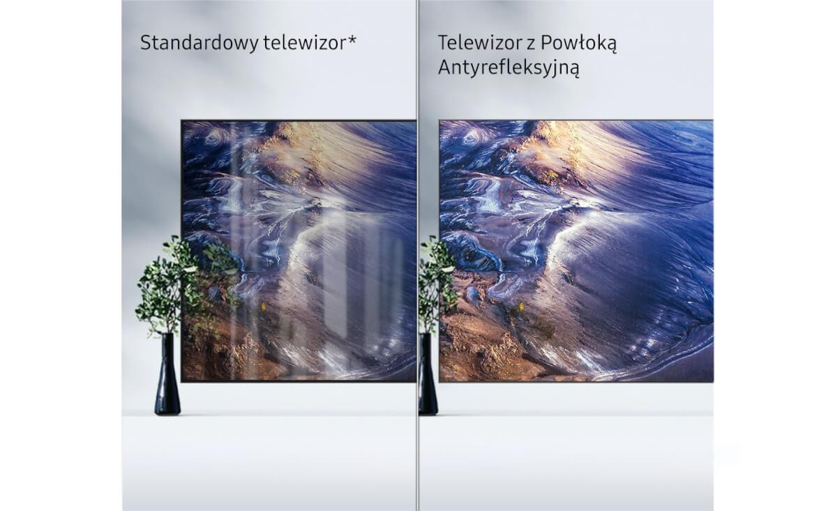 Porównanie ekranu standardowego telewizora i telewizora z powłoką antyrefleksyjną Neo QLED QN92C