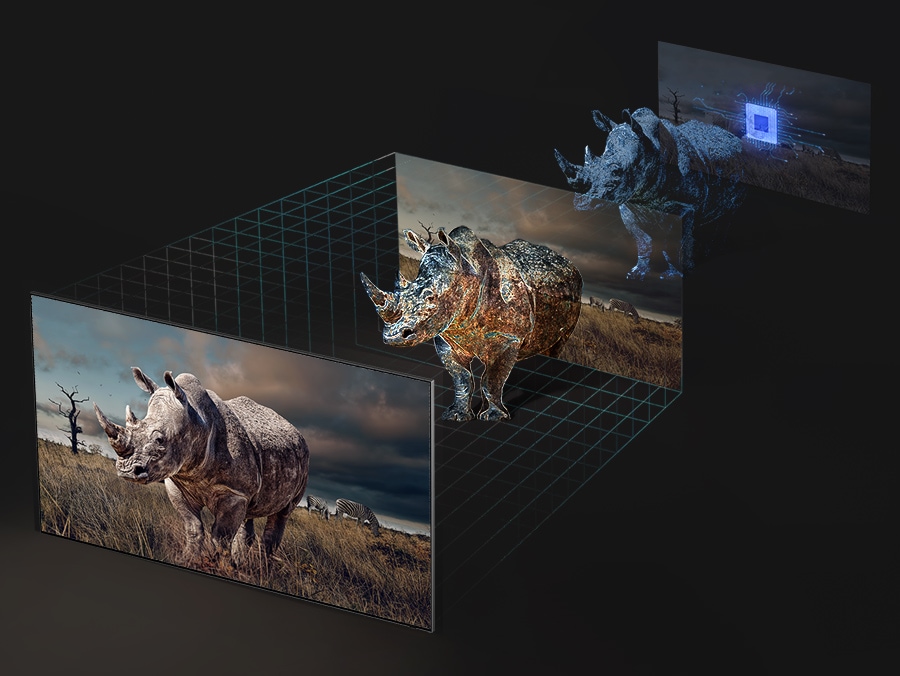 Nosorożce na ekranie telewizora Samsung Neo QLED ukazujące wzmocnienie głębi obrazu