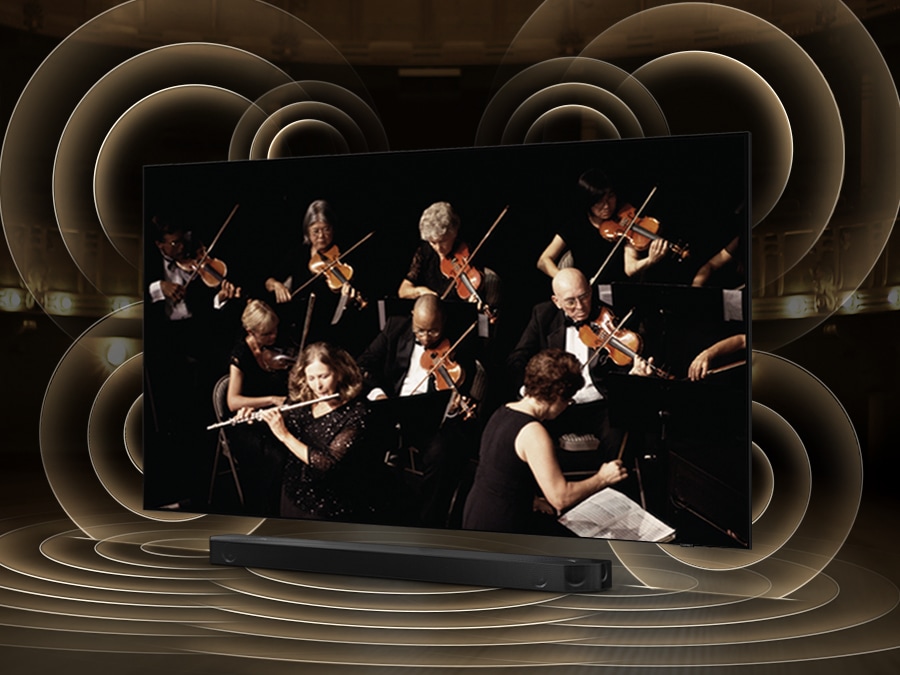 Q-Symphony w telewizorze QLED Samsunga synchronizuje telewizor z soundbarem. 