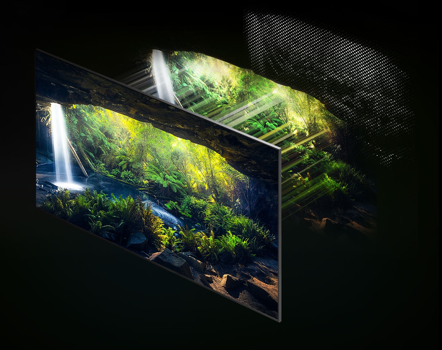 Through the Quantum Mini LED and microlayer, the beautiful forest screen seen from inside a cave is displayed in detail in bright and dark areas, showing very clearly.