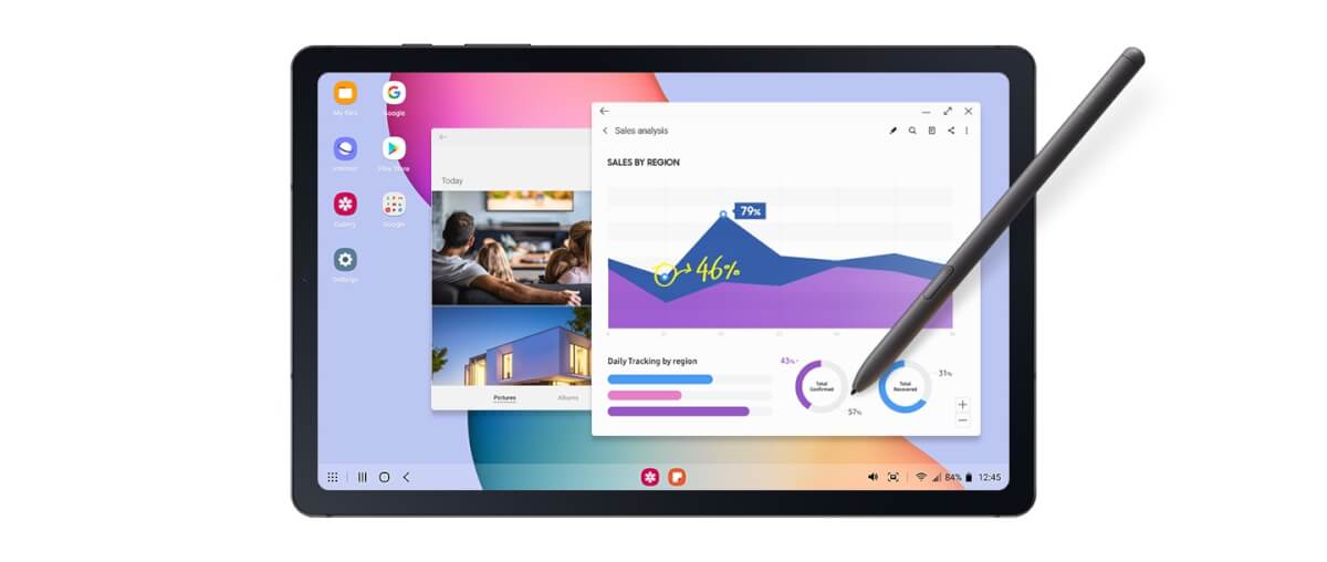 Galaxy Tab S6 Lite with various images on its screen that are being edited with a Galaxy S Pen.