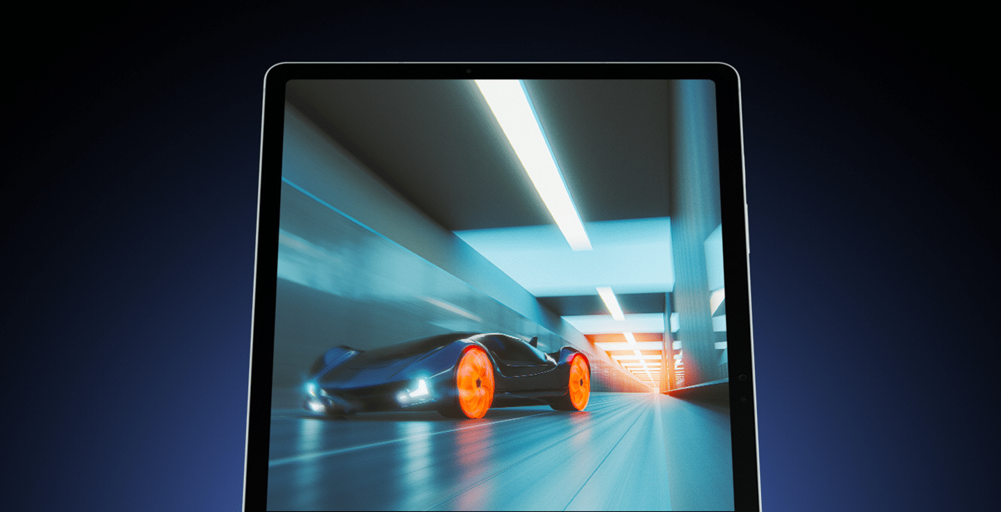 Tablet Samsung Galaxy S9 FE, na którego ekranie wyświetlana jest gra wideo – futurystyczny sportowy samochód z czerwonymi kołami jedzie szybko przez tunel.